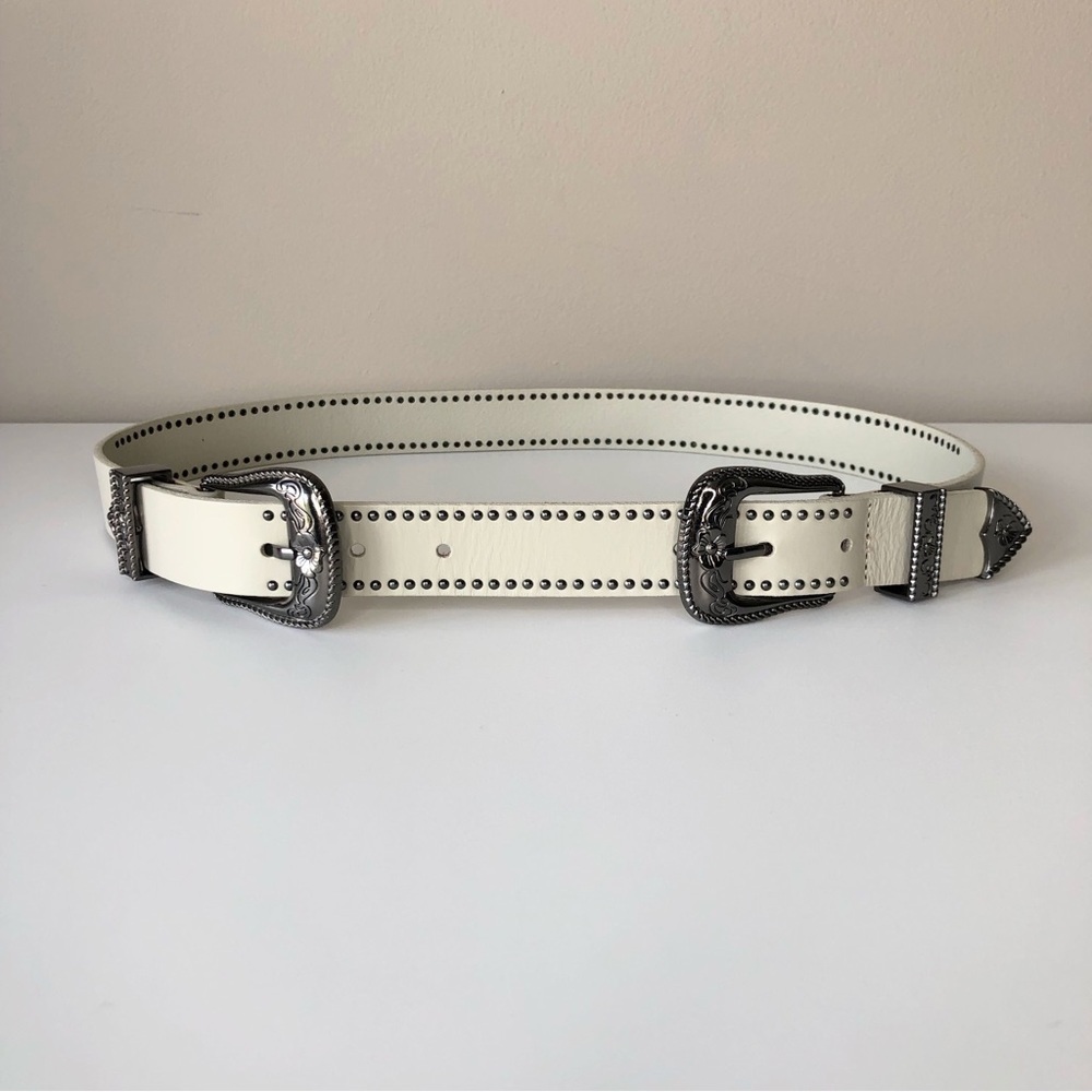 American Eagle cream Leather studded Western Double Buckle Belt S